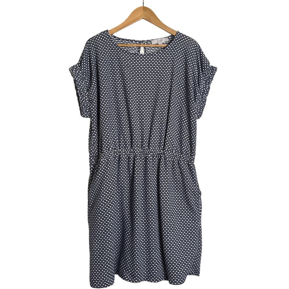 LOFT Navy & White Textured Stripe Blouson Dress XL Elastic Waist Short Sleeve - Picture 2 of 9